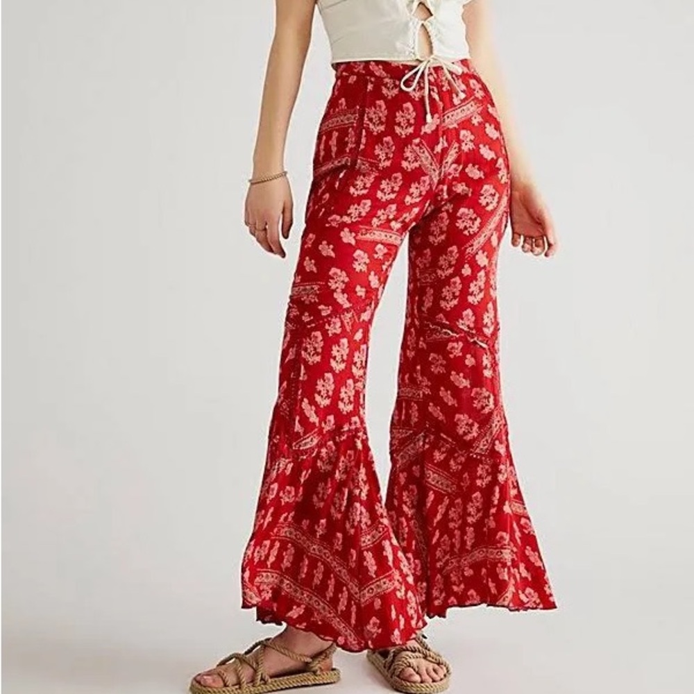 Free People Red Floral Wide-Leg Pants